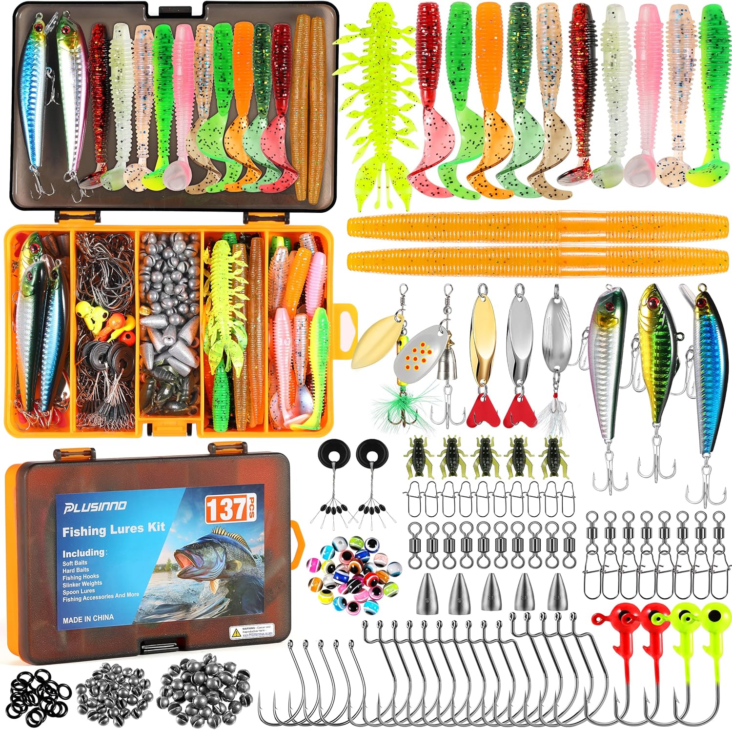 PLUSINNO Fishing Lures. 137Pcs Tackle Box with Tackle Included.