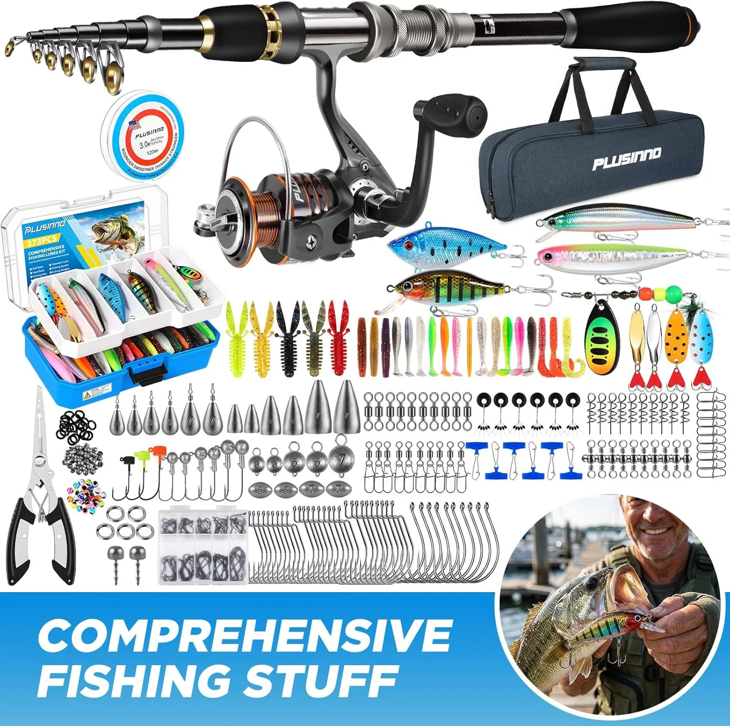 PLUSINNO Fishing Gear - Telescopic Fishing Rod and Reel Combo with Tackle Box and Lures Box