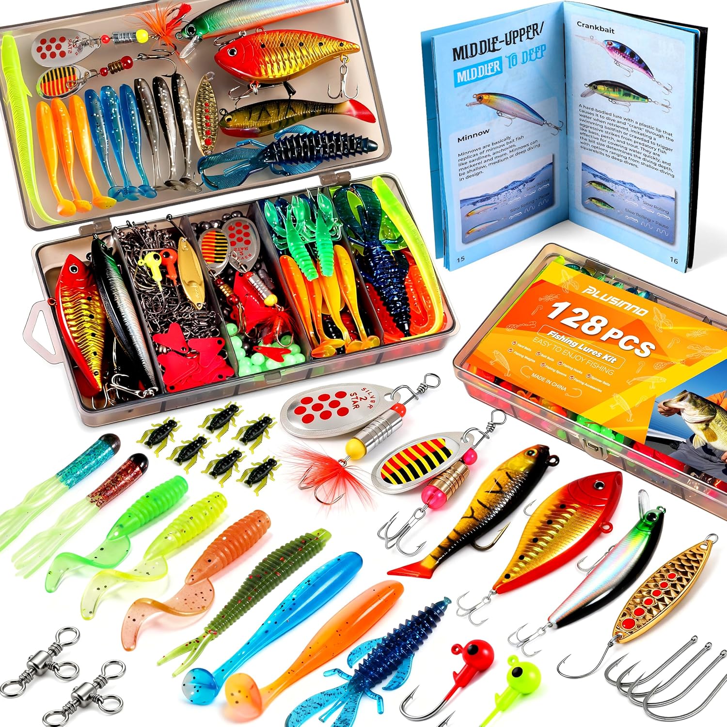 PLUSINNO 128PCS Fishing Lures. All-in-One Fishing Tackle Box with Tackle Included.