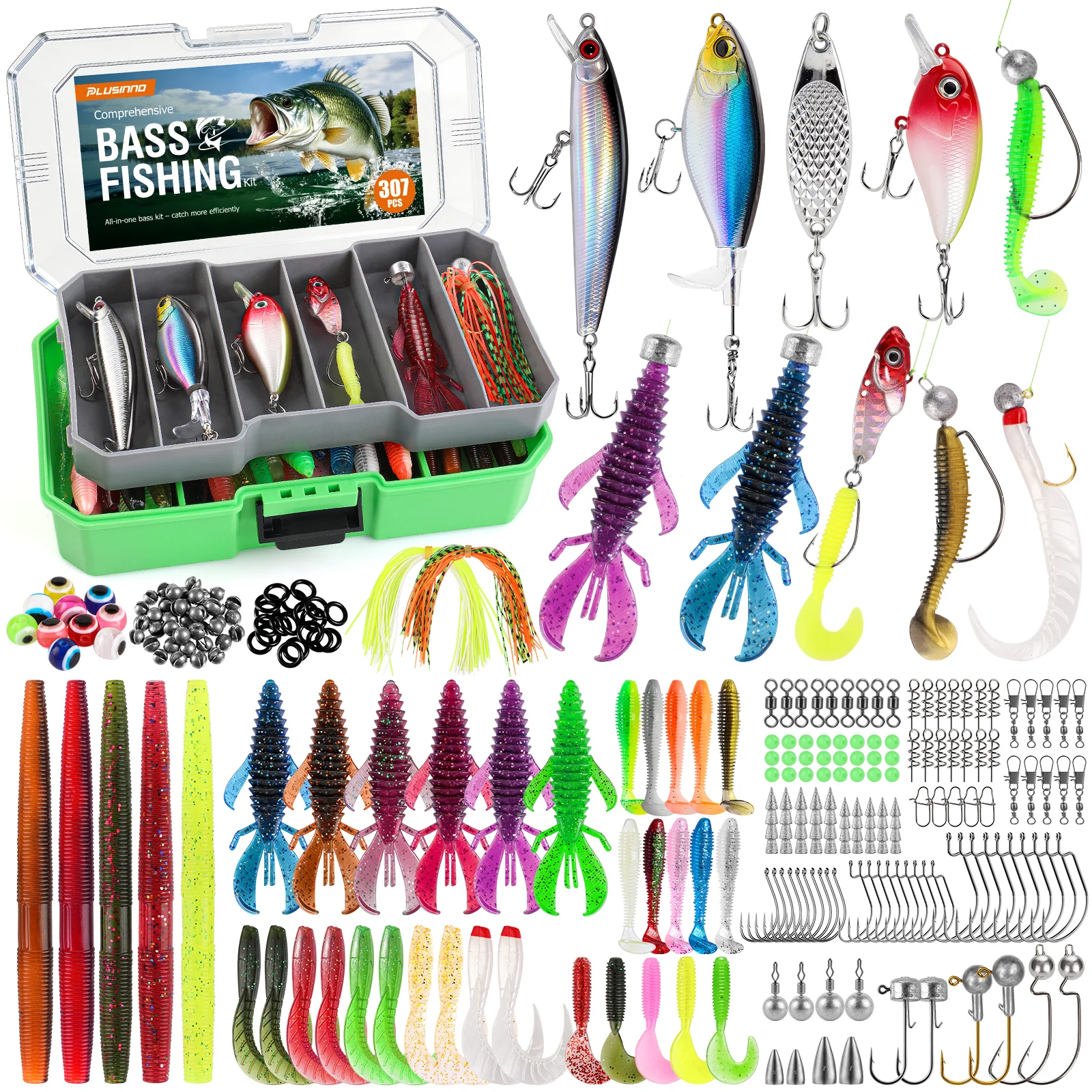 PLUSINNO 307PCS Fishing Tackle Box with Fishing Lures.Fishing Gifts for Men.Trout Fishing Lures.Topwater Lures.Hooks.Fishing Swivel.Spinnerbaits.Saltwater & Freshwater Fishing Gear and Equipment