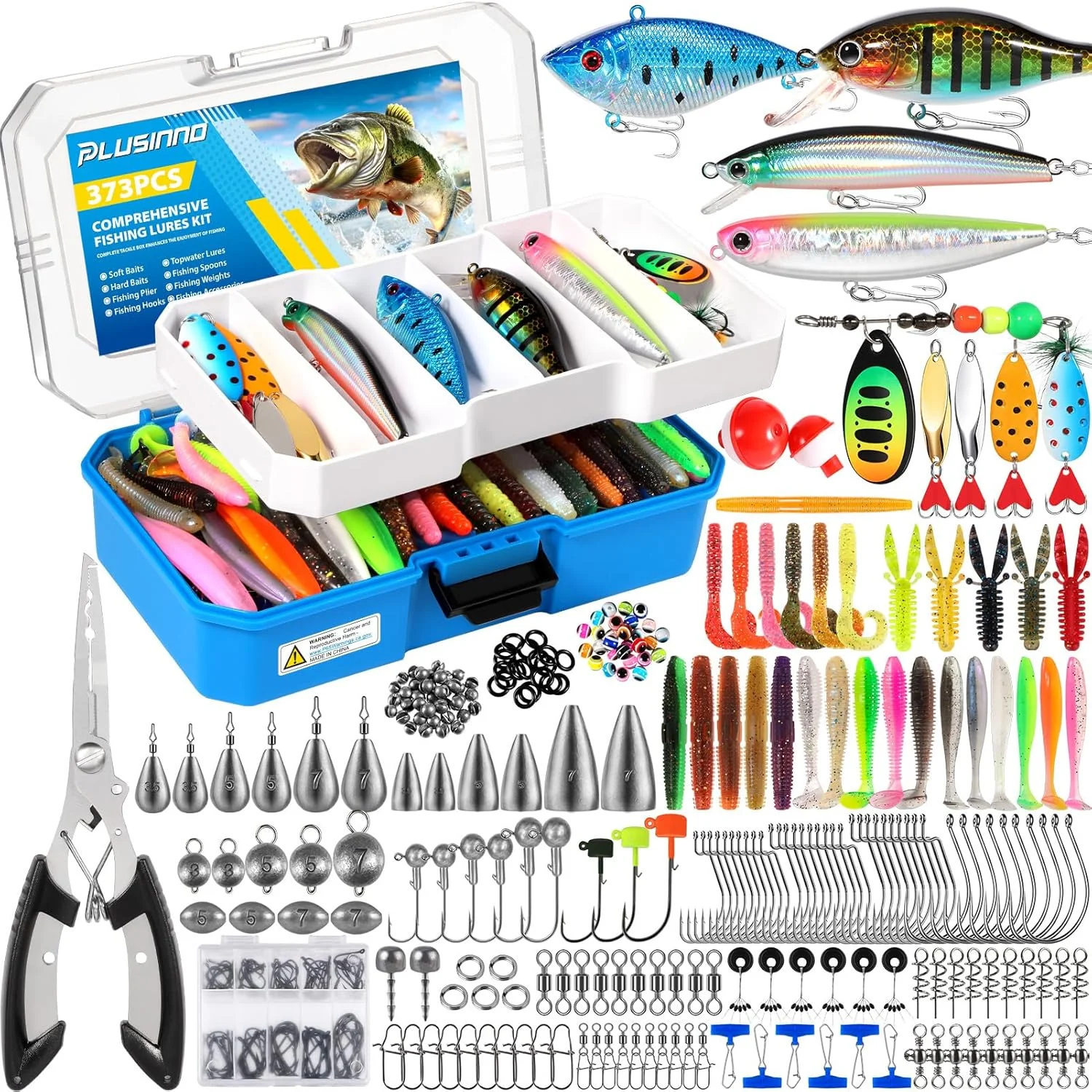 PLUSINNO 373PCS Fishing Lures Kit with Removable Tray.