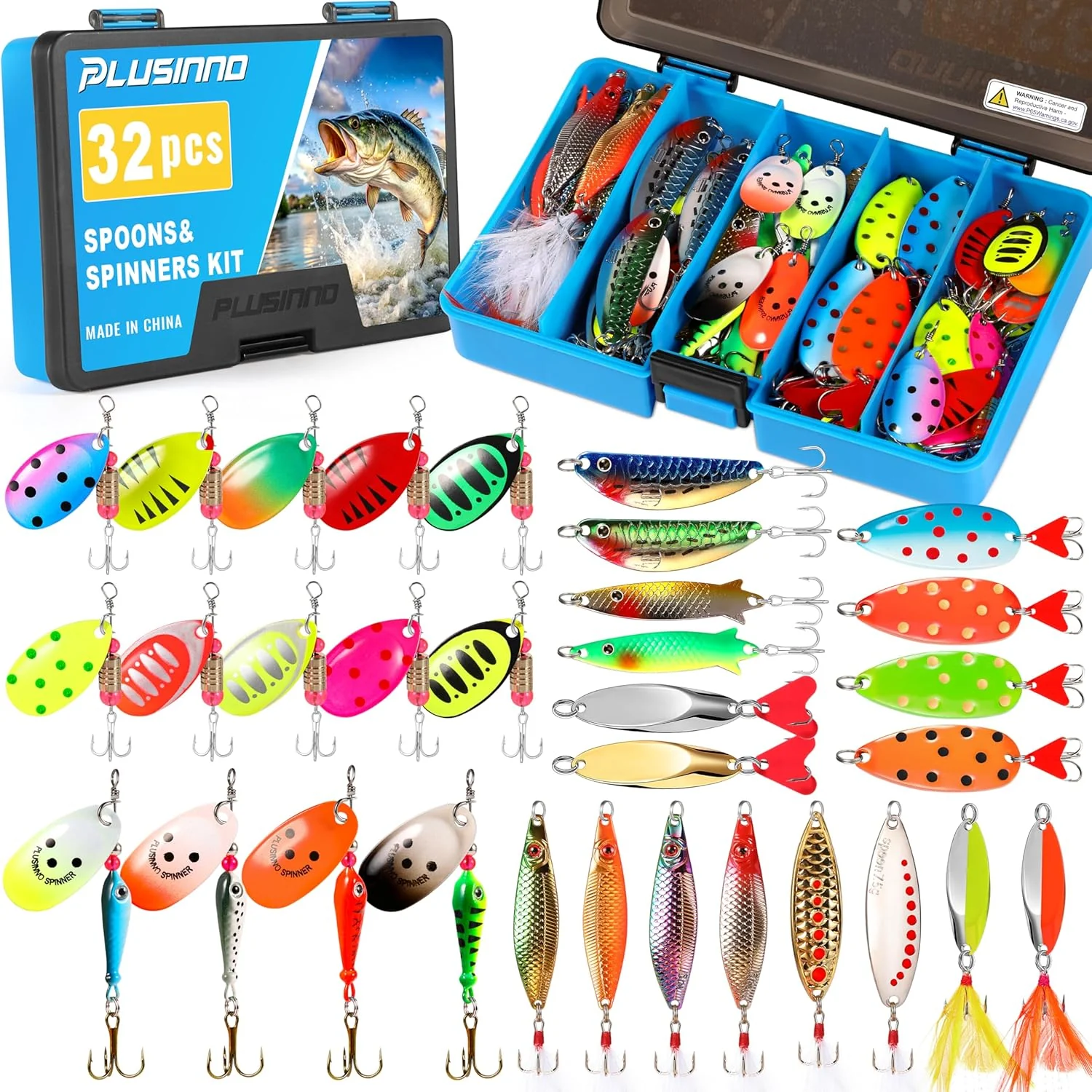 PLUSINNO  32pcs Fishing Lures Spinner set with box