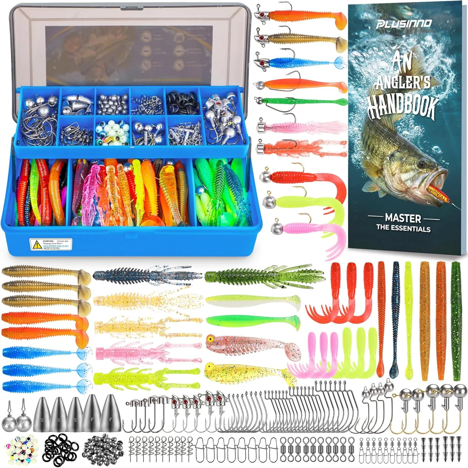PLUSINNO Fishing Lures Kit. 211pcs Tackle Box with Tackle Included. Bass Fishing Kit with Pre-Rigged Jig Head Lures. Soft Baits. Hooks.