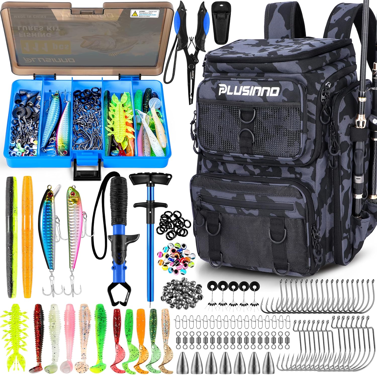 PLUSINNO Fishing Backpack with 111PCS Tackle Boxes and 42L Waterproof tackle Backpack.Lures.Tools.Pliers & Accessories. Fishing Gifts for Men