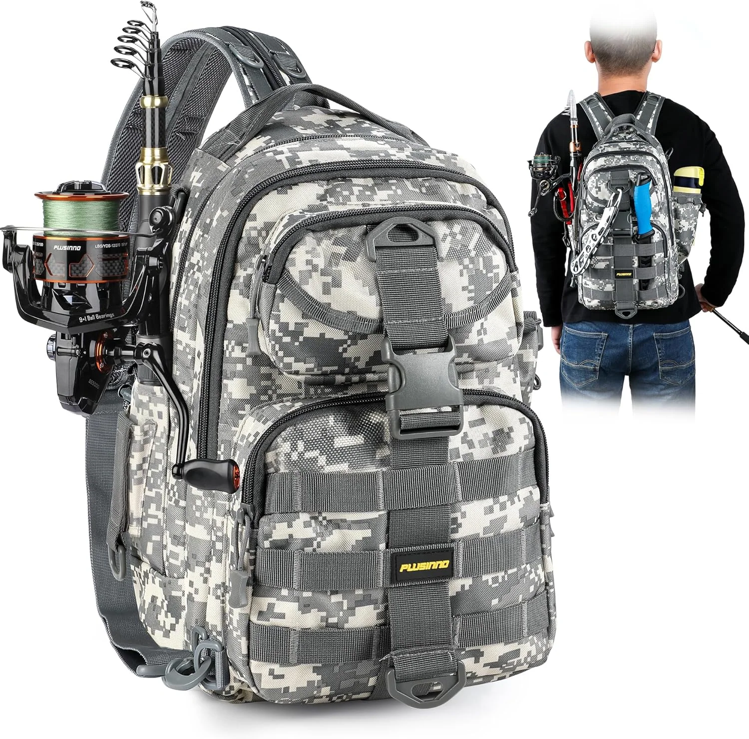 PLUSINNO Waterproof Fishing Tackle Backpack With Rod Holder