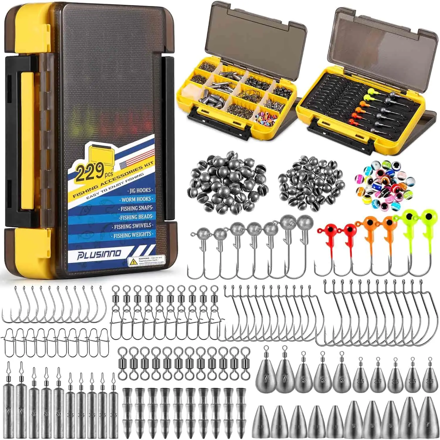 PLUSINNO 229pcs Fishing Accessories Kit .Spinnerbaits. Plastic Worms. Jigs. Topwater Lures. Tackle Box and More Fishing Gear Lures Kit Set.