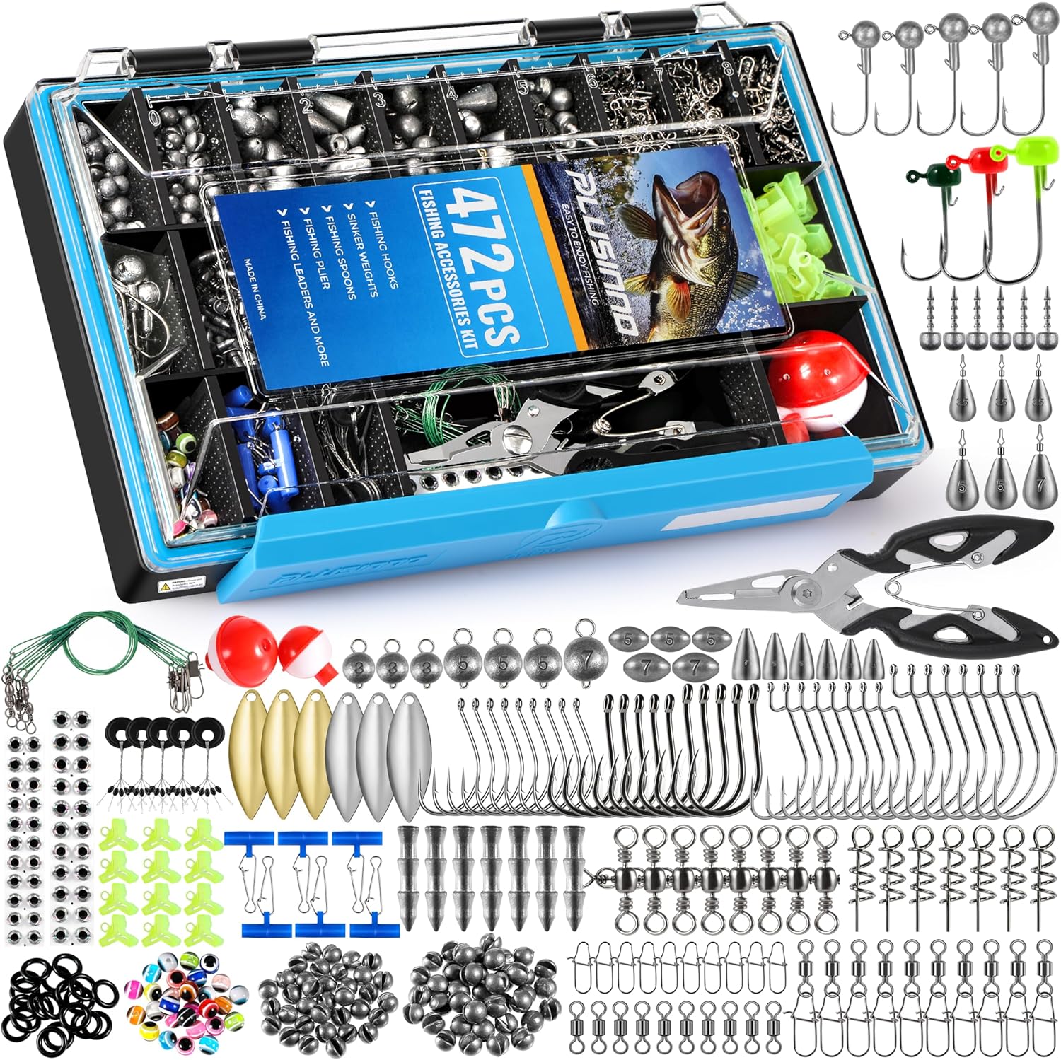 PLUSINNO 472PCS Fishing Accessories Kit. Waterproof Fishing Tackle Box with Tackle Included.
