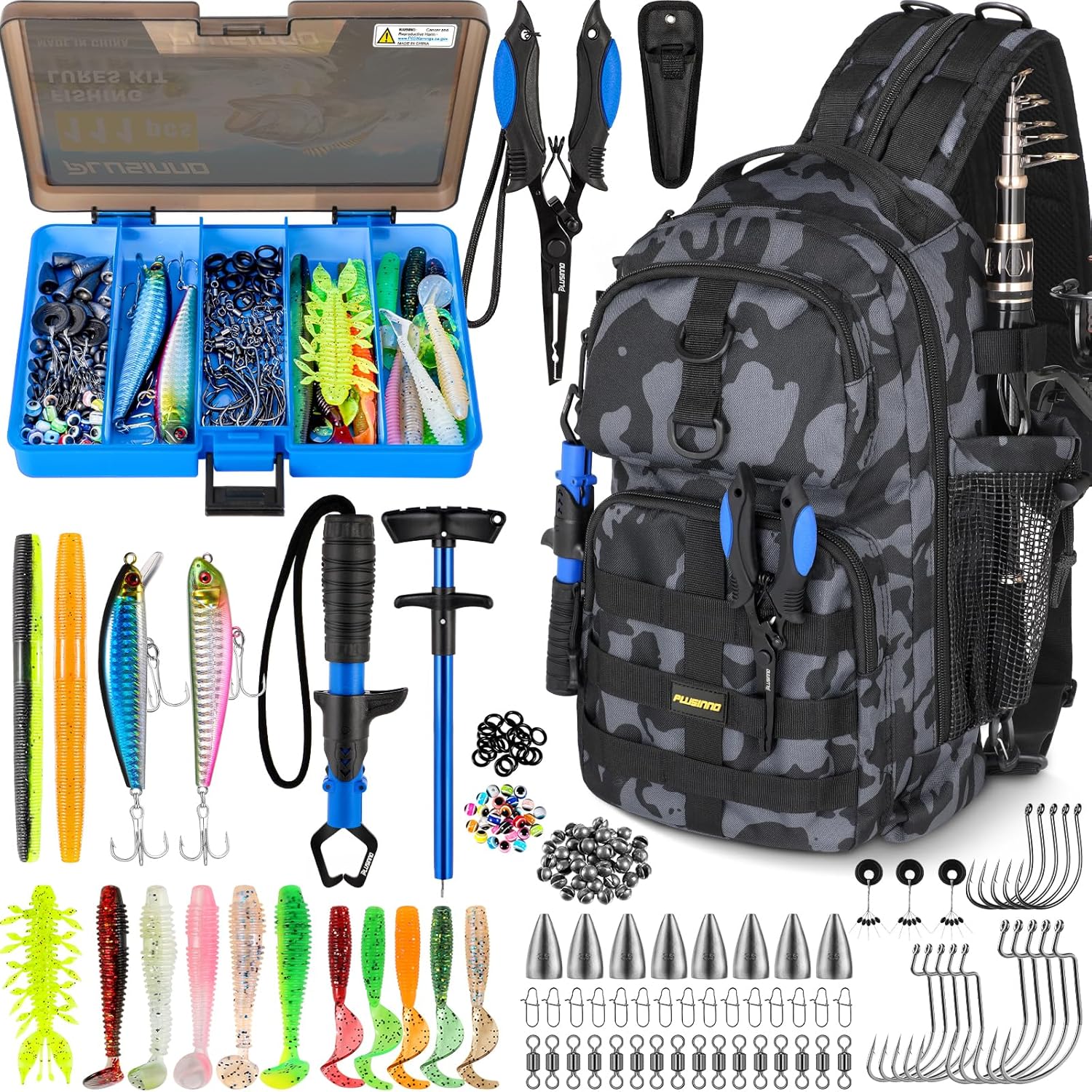 PLUSINNO Fishing Backpack with Tackle Boxes. Waterproof Sling Tackle Bag For Fishing Gear
