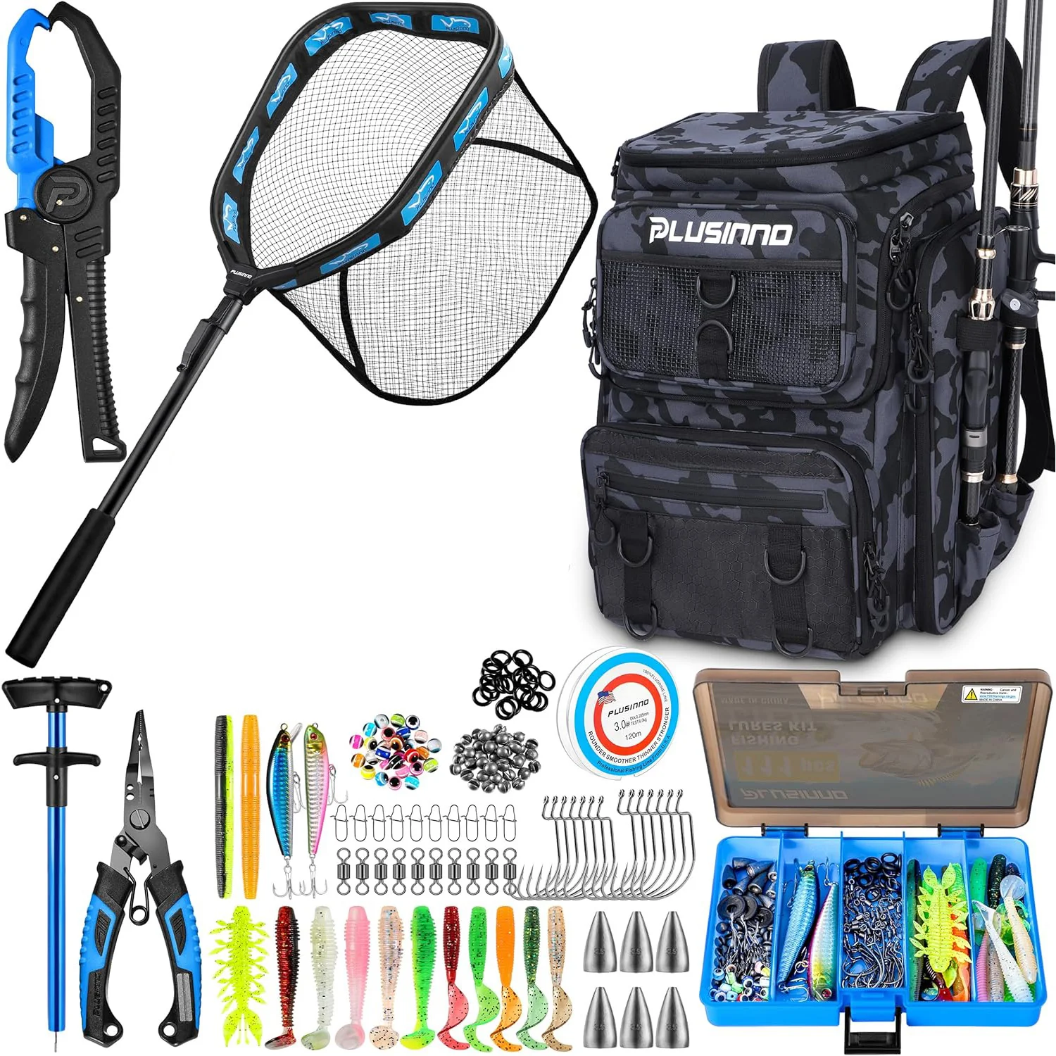 PLUSINNO Fishing Backpack with Fishing Gear Fish Net & Rod Holders Tackle Box. 42L Large Water-resistant Tackle Bag Store