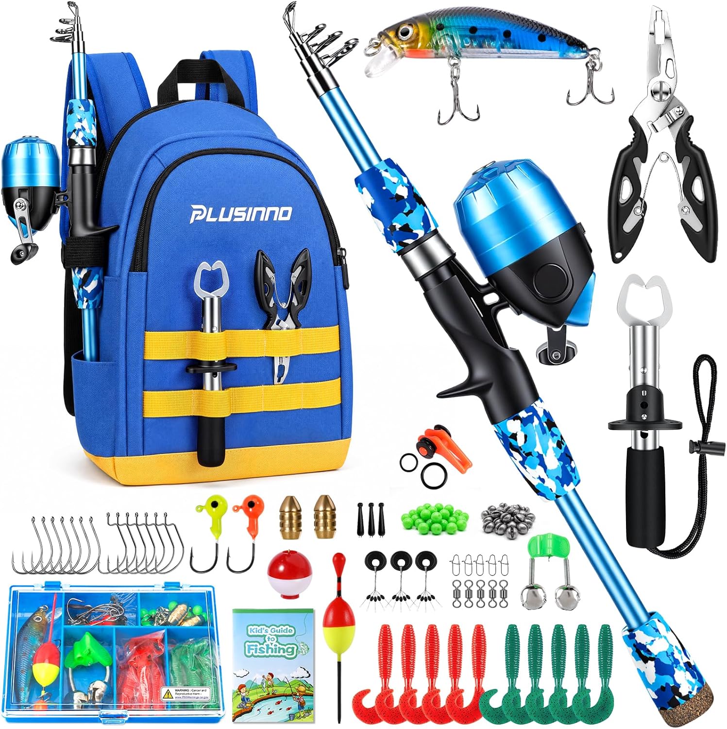 PLUSINNO Kids Fishing Pole. Telescopic Fishing Rod and Reel Combo. Fishing Gear Kit with Backpack. Tackle Box. Spincast Reel.