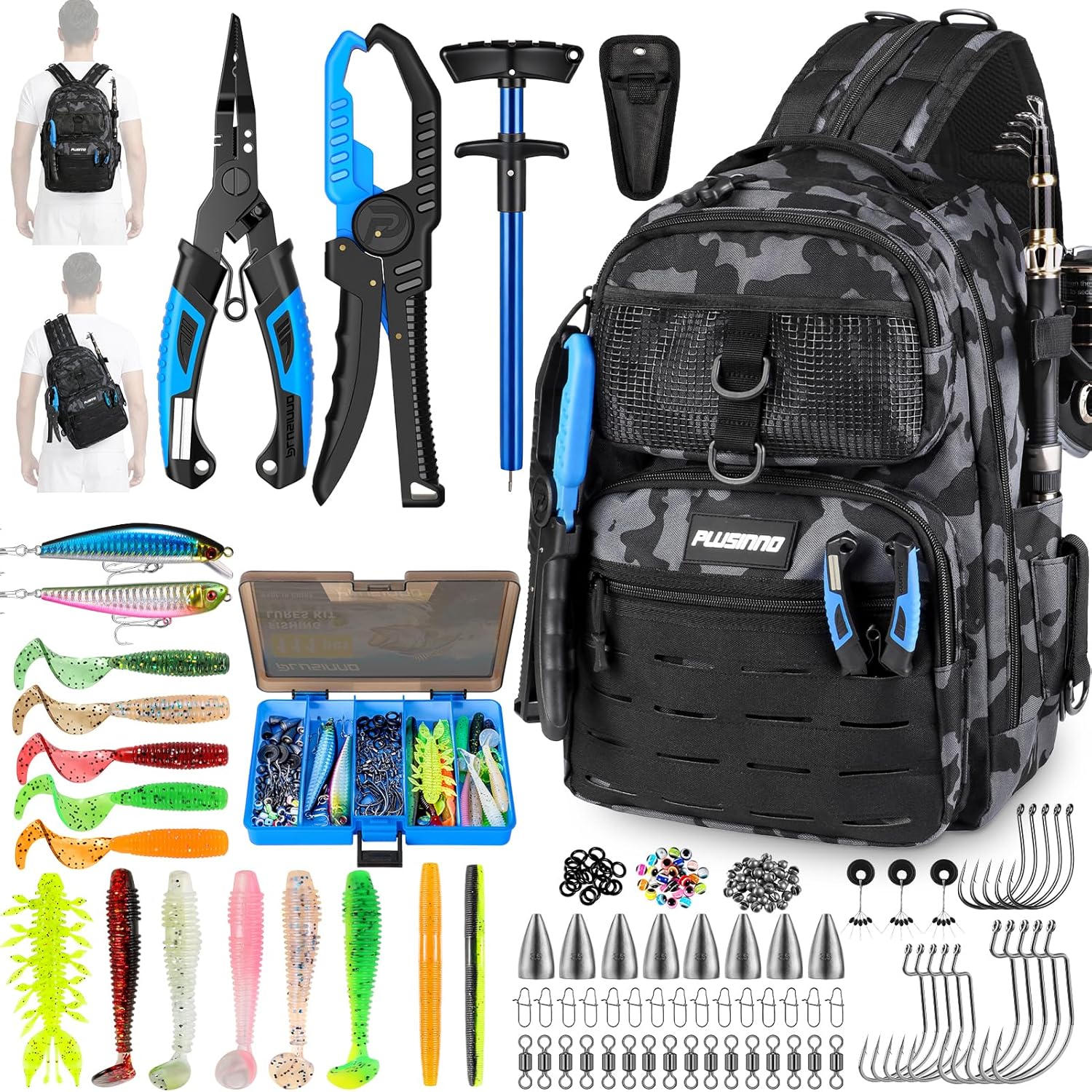 PLUSINNO Fishing Backpack with Fishing Pliers and 111PCS Fishing Bait
