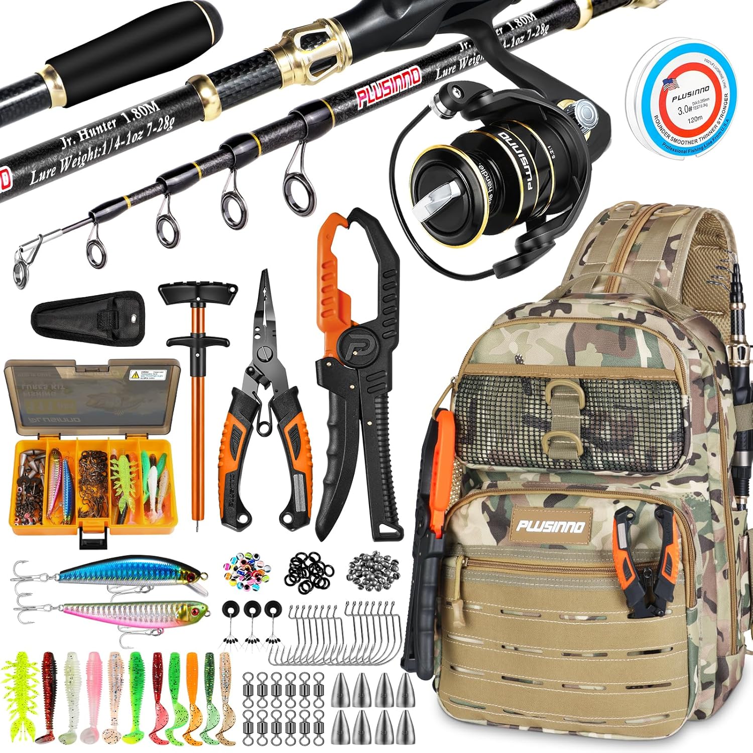 PLUSINNO Fishing Rod and Reel Combos with 1.8M Fishing Rod. Spinning Reel. Fishing Pliers. Fishing Lures. Waterproof Tackle Backpack. Fishing line