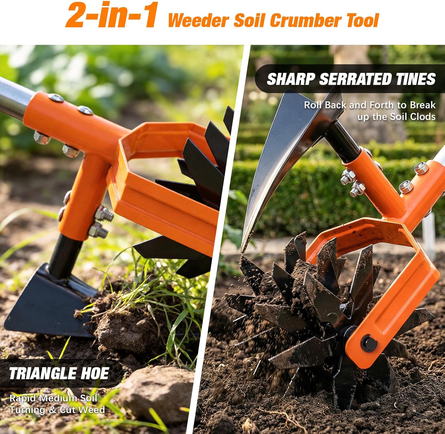 Hand Tiller Garden Cultivator. Garden Tiller with Upgrated Triangle Hoe and Adjustable Long Handle. 2-in-1 Weeder & Soil Aerator for Lawn Care. Cultivate. Plant. Reseed. Gardening Hand Tools