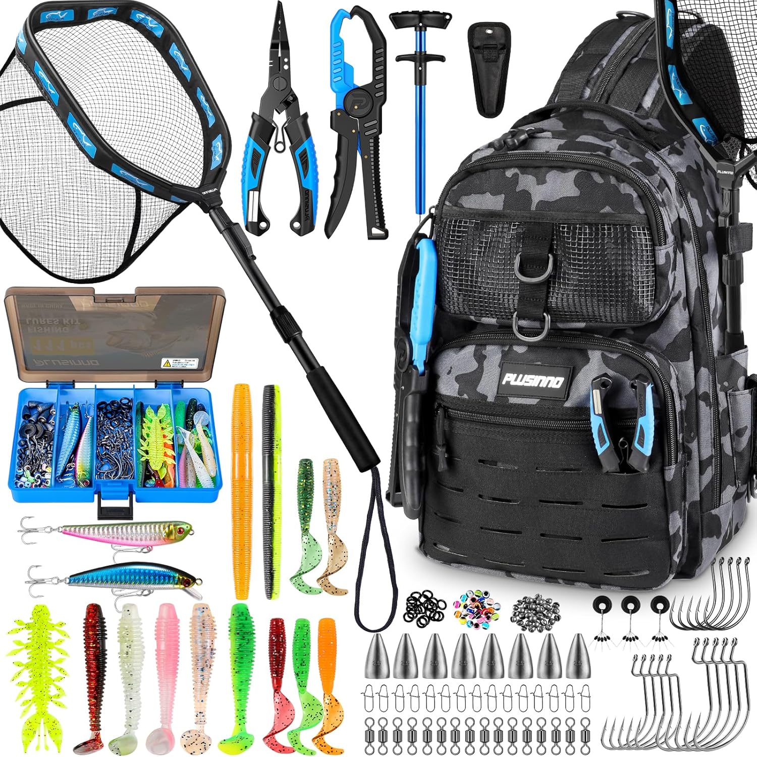 PLUSINNO Fishing Waterproof Tackle Backpack with Fishing Pliers. Fishing Net. Lures.