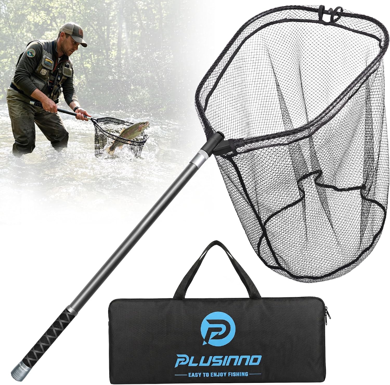 PLUSINNO Large Fishing Net. 3.4-7.7 FT Carbon Fiber Fish Net with Long Telescoping Handle.