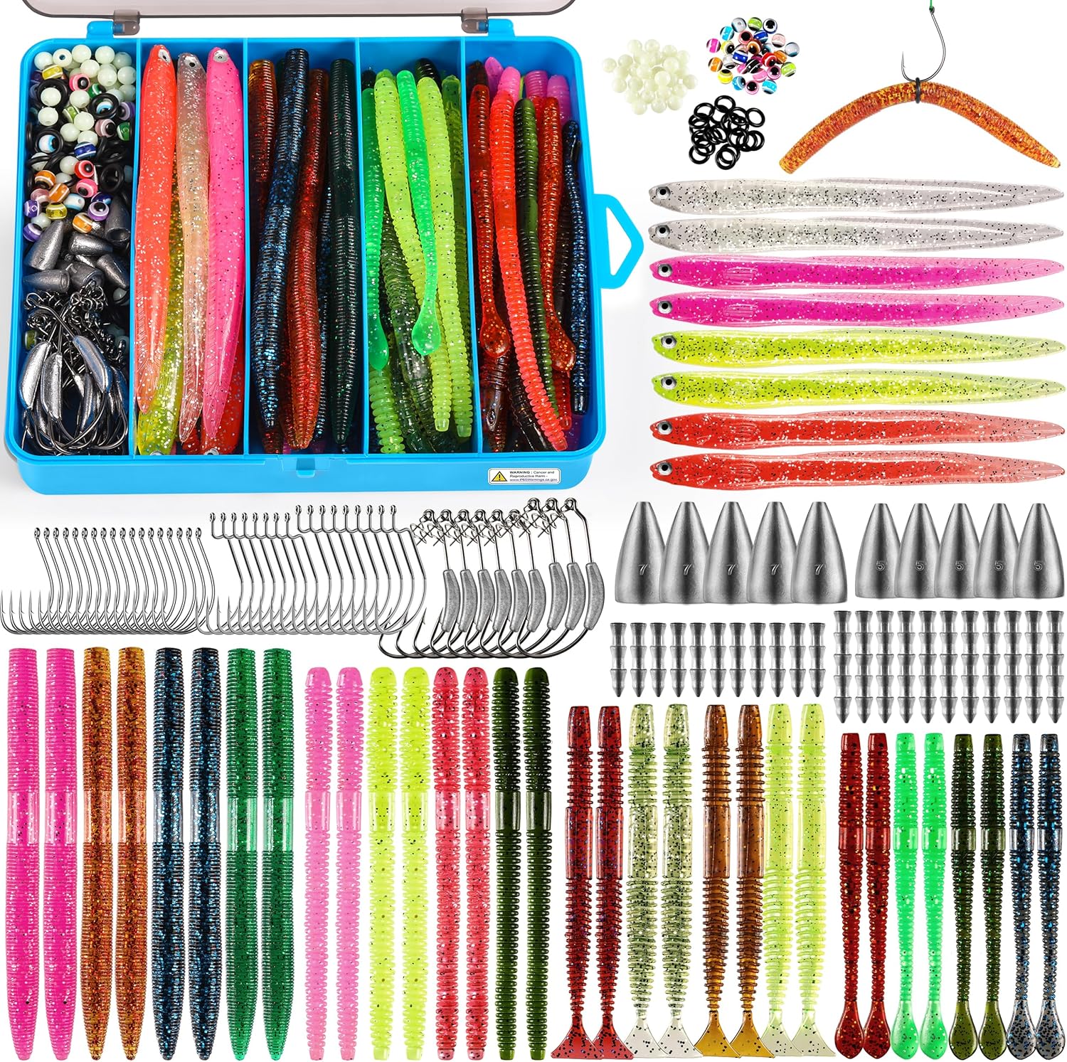PLUSINNO 220PCS Wacky Worm Fishing Lure Kit. Soft Plastic Fishing Lures