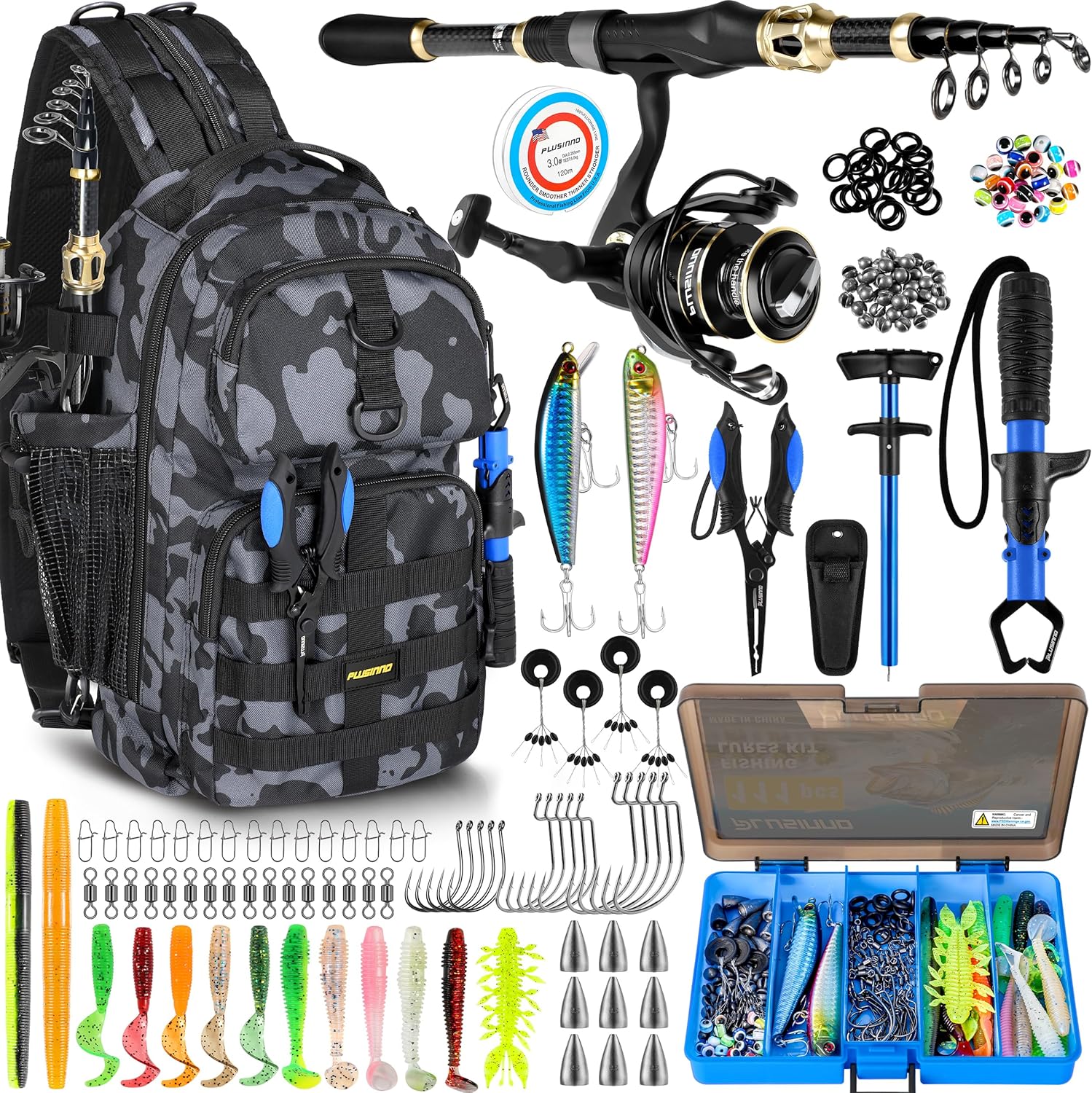 PLUSINNO Fishing Backpack with Tackle Boxes. Floating Fishing Net. Fishing rod.