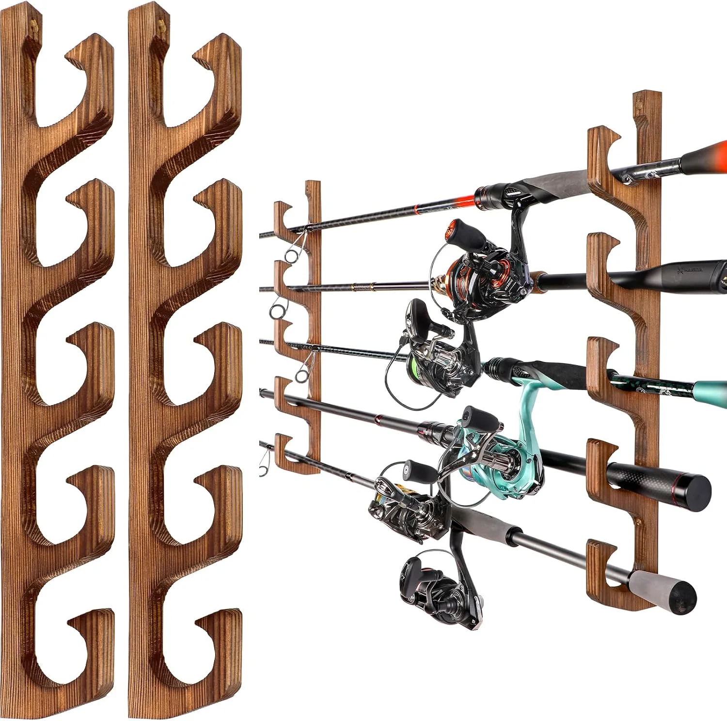 PLUSINNO H5W Solid Wood Fishing Rod Holder. Horizontal Wall & Ceiling Mount Fishing Pole Holders for Garage Storage. Holds 5Rods.