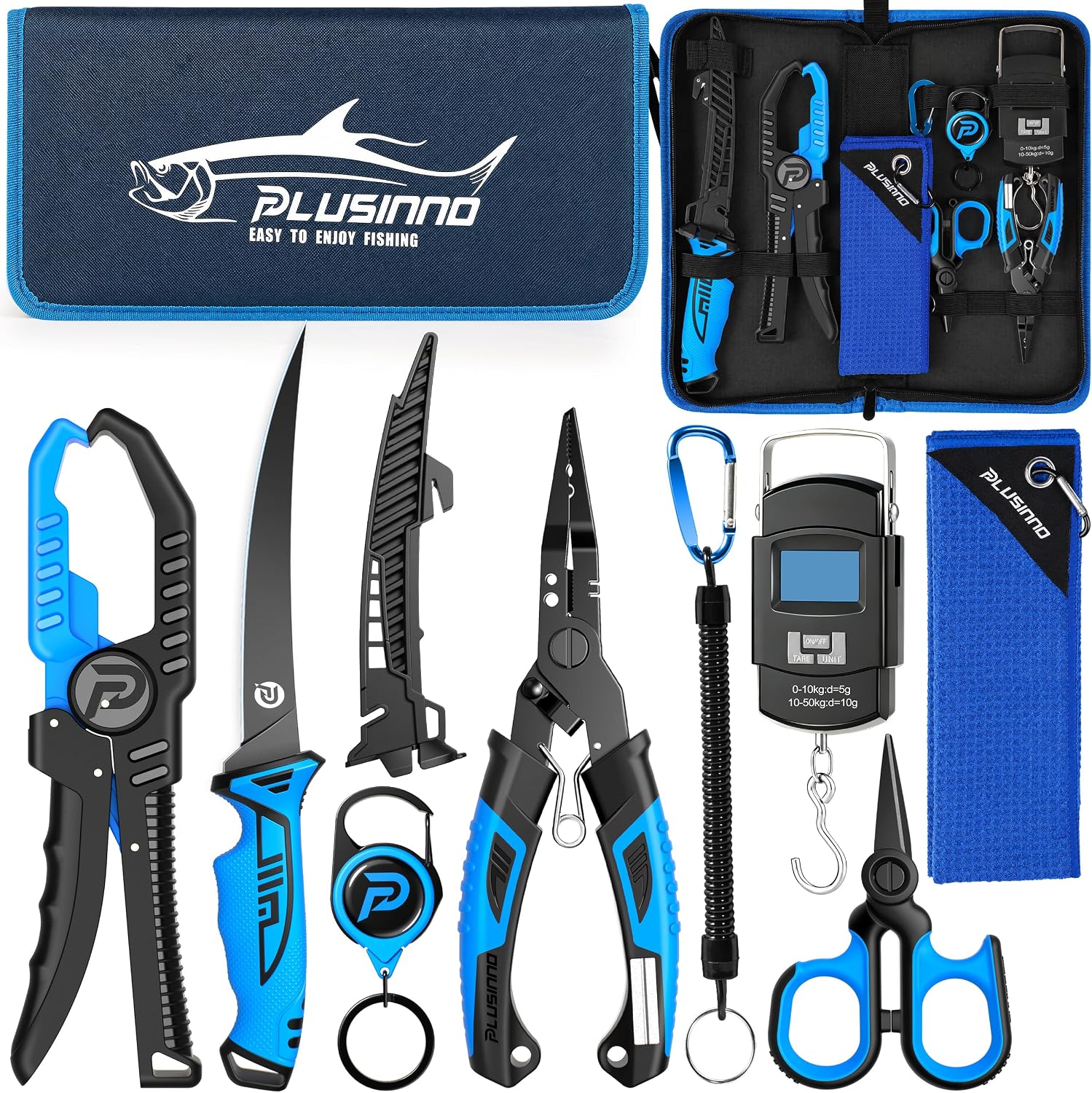 PLUSINNO 9PCS Fishing Gear. Fishing Tools with Tools Bag. Fishing Accessories. Corrosion Resistant Fishing Pliers Kit. Fishing Knife. Fish Lip Gripper. Fishing Scale. Towel