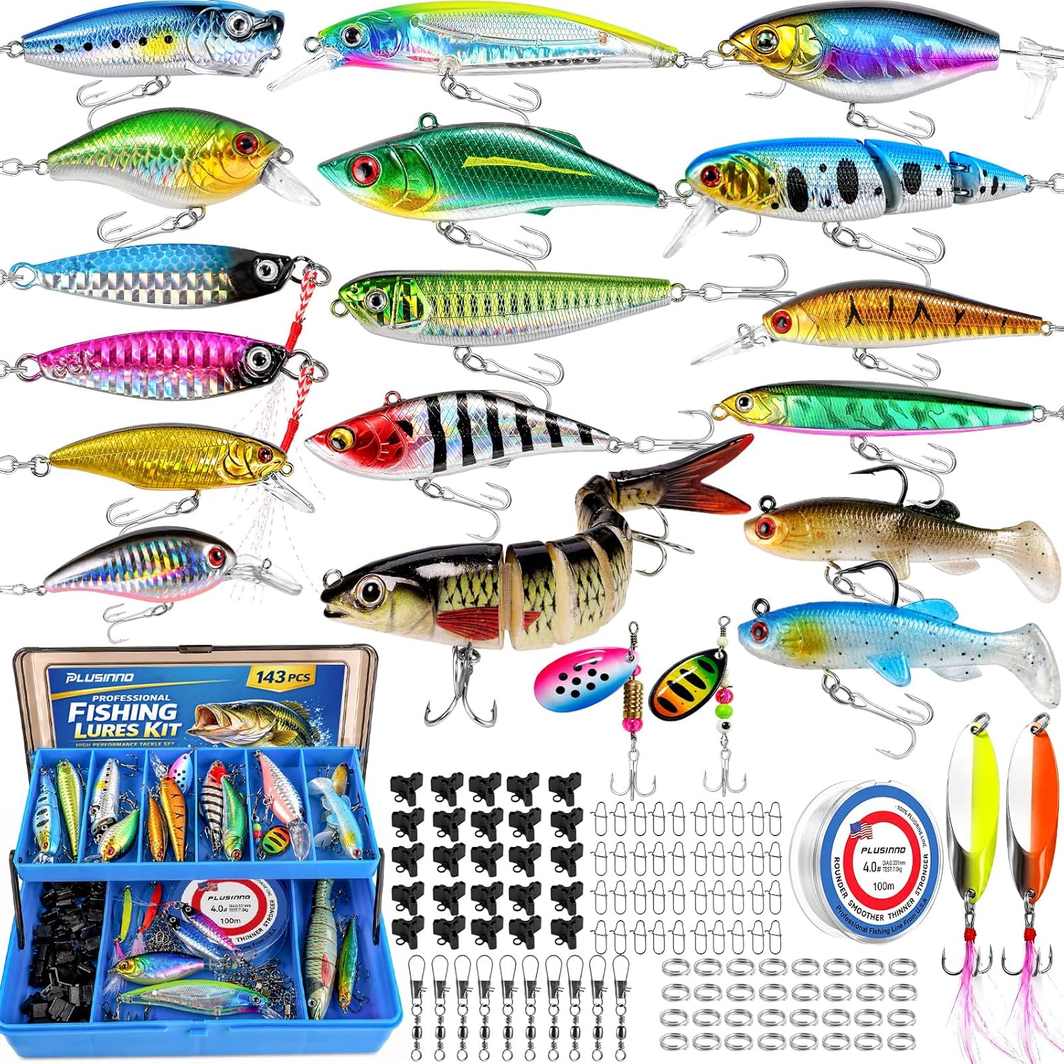 PLUSINNO 143PCSFishing Lures Kit Tackle Box. Premium Fishing Bait Set for Bass.