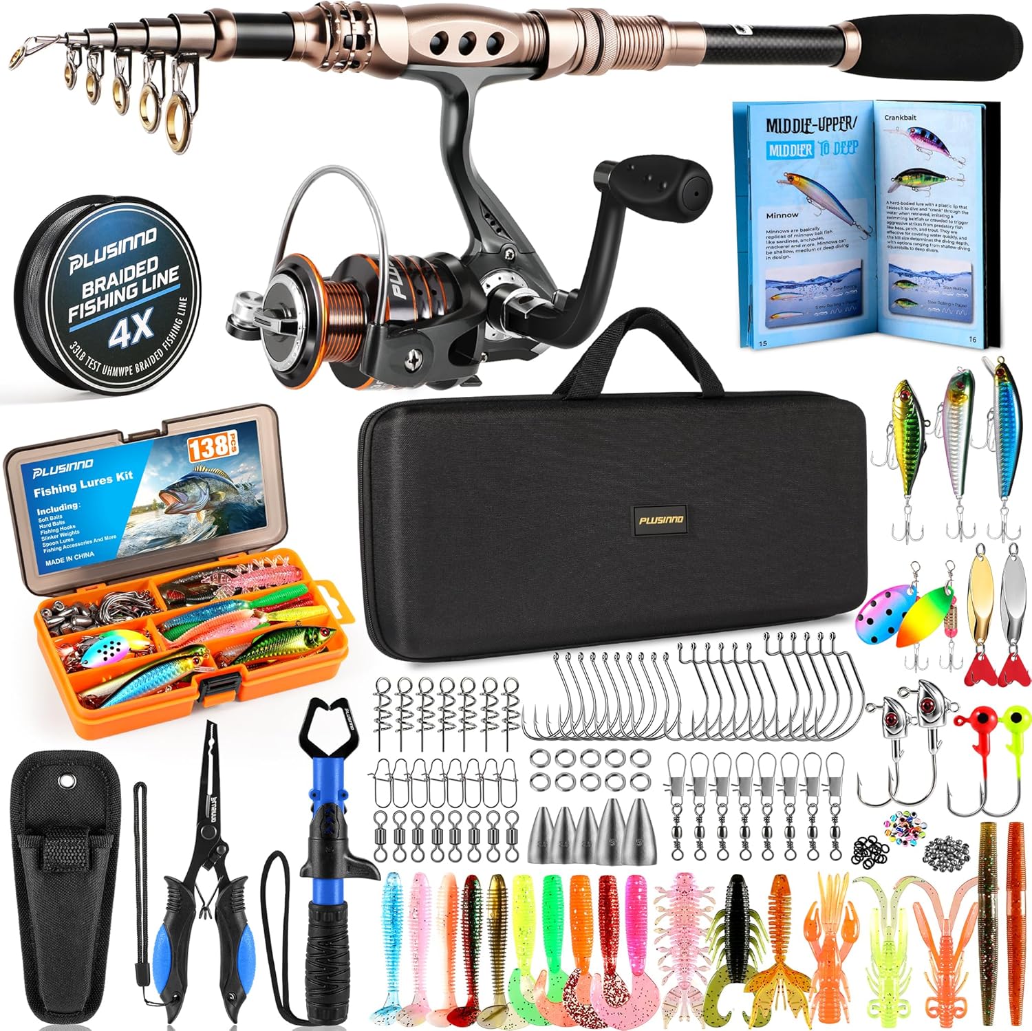 PLUSINNO Eagle HuntingⅠFishing Rod and Reel Combo with Telescopic Fishing Pole. Portable Travel Fishing Rods Kit with Tackle Box Carrier Bag & Manuals