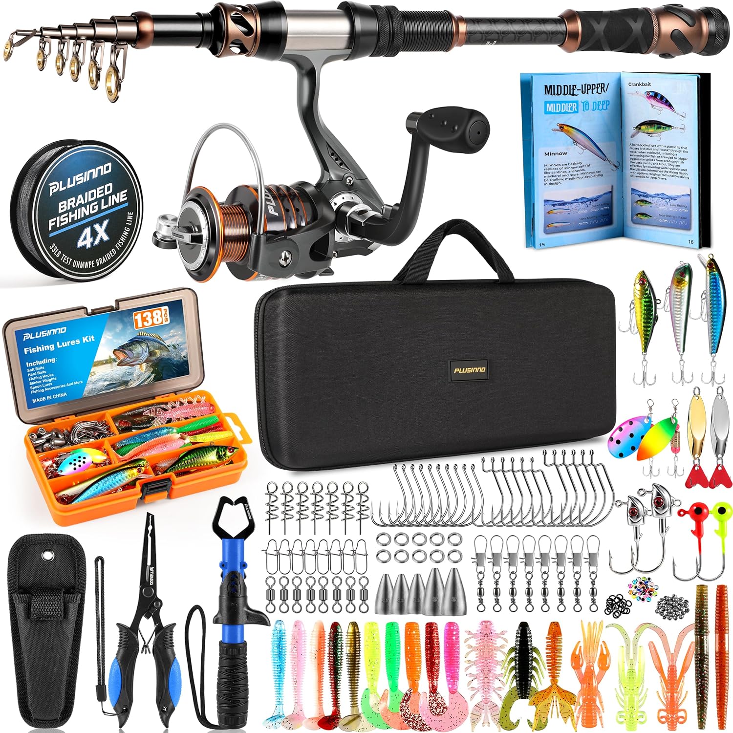 PLUSINNO Eagle Hunting V Fishing Rod and Reel Combo with Telescopic Fishing Pole. with 138PCS Tackle Box Carrier Bag & Manuals.
